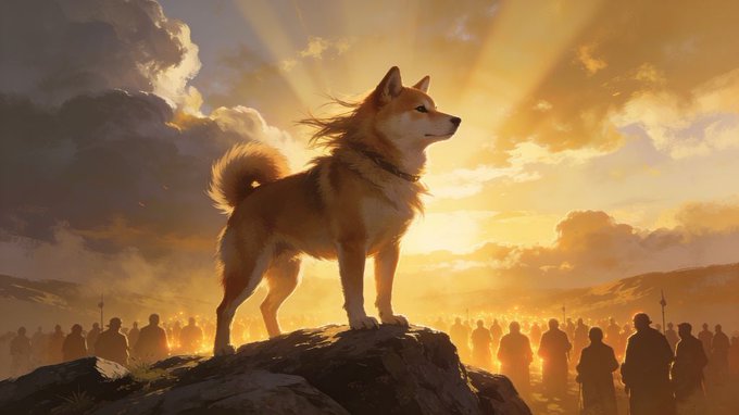 A Shiba Inu stands proudly atop a rocky peak against a radiant sunset, facing a vast crowd gathered below, symbolizing the SHIBArmy's collective strength and unified leadership echoing Ryoshi's vision of community resilience.