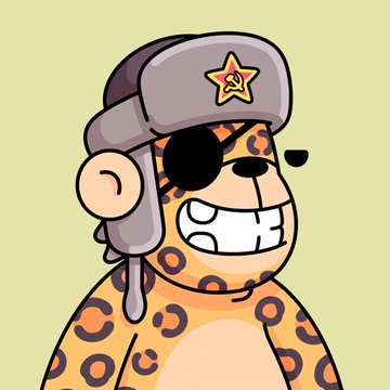 The image features a cartoon character, likely a leopard or an animal with spots, wearing a hat and a bandana with a star design. The character appears to be smiling and has a playful expression. The caption of the image reads "Alright @maccurated You've been on quite the shopping spree the last few days... We love your @BoredApeYC And we love your @pudgypenguins Now let' s see that @doodles".