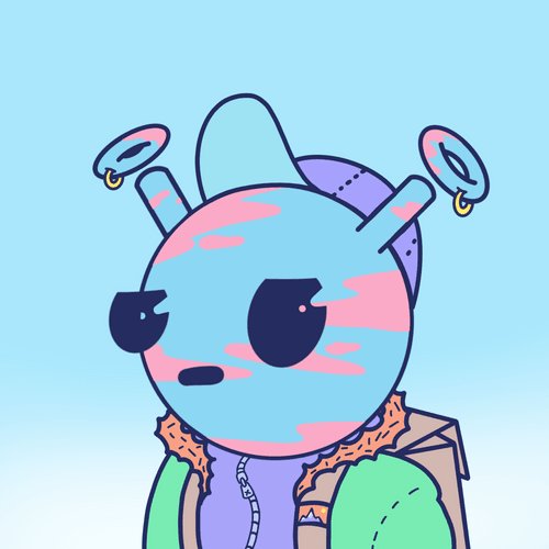 A digital illustration of a cartoon character with pink and blue skin, wearing a purple beanie, hoop earrings, and a green jacket with fur trim against a light blue background.
