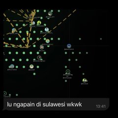 A screenshot of an interactive digital map showing earthquake locations with green and orange dots, with Indonesian text 'lu ngapain di sulawesi wkwk' timestamped 13:41.