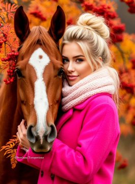 Digital portrait of a blonde woman in a pink coat embracing a brown horse against an autumnal background with orange leaves.