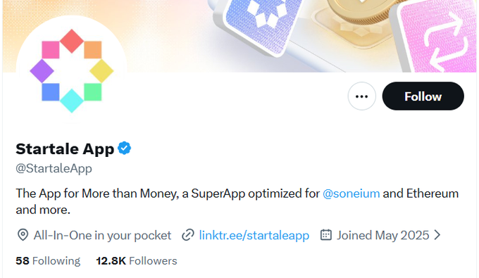 The image shows the X (Twitter) profile page for "Startale App" (@StartaleApp), a verified account with 12.8K followers describing itself as "The App for More than Money, a SuperApp optimized for @soneium and Ethereum." The profile promotes the Startale App, which aligns with the accompanying post about a potential airdrop opportunity requiring users to sign up and connect their EVM wallet.