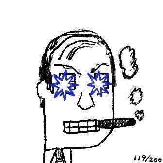 A simple line drawing of a smiling face with blue star-shaped eyes and a cigarette in its mouth, with smoke puffs floating above.