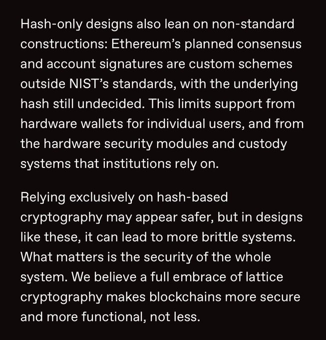 A black-background text excerpt arguing that hash-only designs like Ethereum's planned post-quantum consensus rely on non-standard cryptography outside NIST, limiting hardware wallet and institutional support, and advocating for lattice cryptography as a more secure and functional alternative.