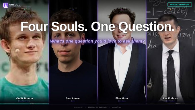The image features four different photos of men, each posing for a picture with the caption "Four Souls, One Question This week, four leading thinkers shaping conversations around decentralized identity, AI, and the future of technology are here to answer". The first photo is on the left side of the image, followed by two more photos in the center, one on the right side, and another at the bottom. These images showcase the faces of four prominent individuals who have contributed significantly to the conversation around decentralized identity, AI, and the future of technology.