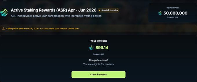 A Jupiter Exchange ASR (Active Staking Rewards) dashboard showing 899.14 staked JUP rewards available to claim from a 50,000,000 JUP reward pool for the Apr–Jun 2026 period, with a green "Claim Rewards" button and a note that the claim period ends Oct 4, 2026.