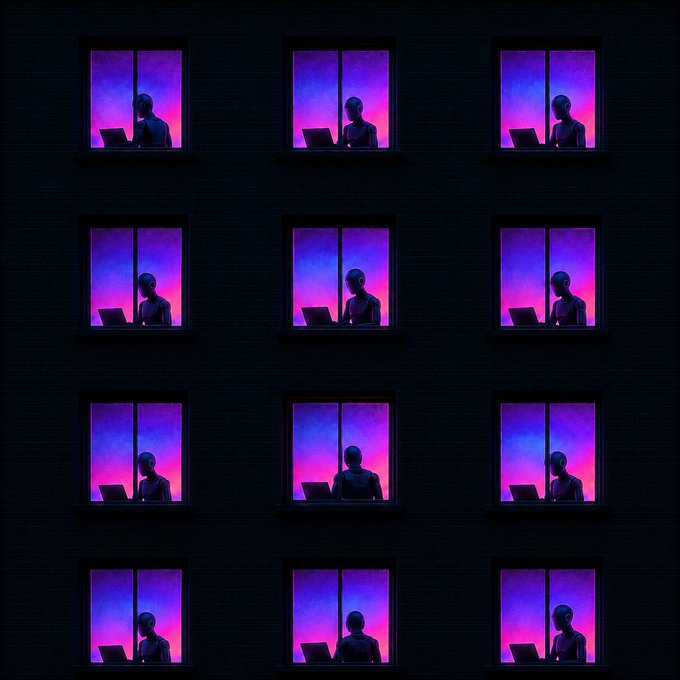 A dark building façade reveals a 4x3 grid of windows, each glowing with pink and purple hues, where shadowy humanoid figures work on laptops late into the night, illustrating the post's message that humans rest while AI agents on OKX continue working around the clock.