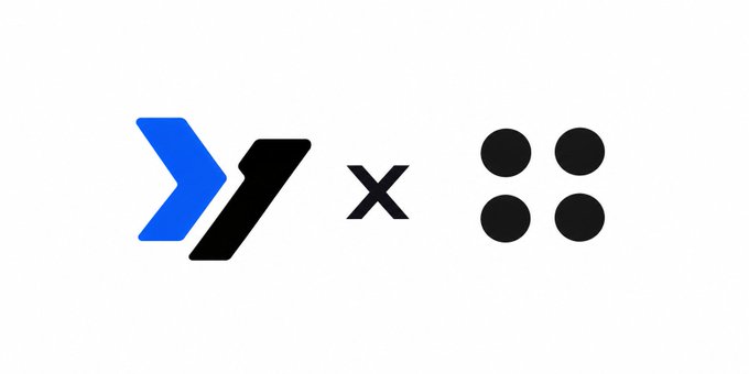 Logo design featuring a blue and black double-chevron arrow symbol next to a black 'x' and four black dots arranged in a square, on a white background.