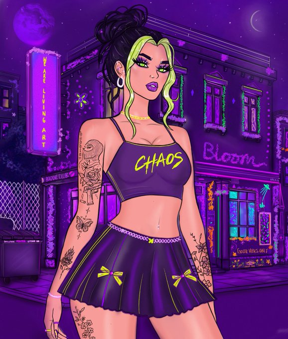 A digital illustration of a girl with a black and neon green bun wearing a crop top reading "CHAOS" and a pleated skirt, standing before a purple-lit "Bloom" storefront.