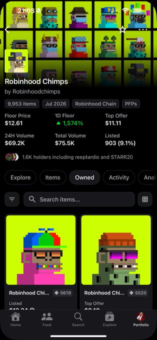 A mobile NFT marketplace app screen displaying the 'Robinhood Chimps' pixel art collection on the Robinhood Chain, showing a floor price of $12.61 with 1.574% gains.