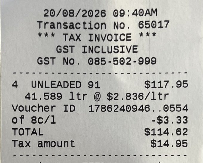 A gas station tax invoice dated 20/08/2026 showing 41.589 liters of Unleaded 91 fuel for a total of $114.62 (GST inclusive).