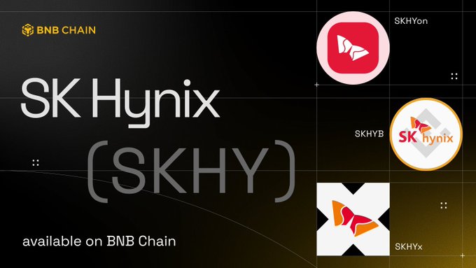 A promotional graphic for BNB Chain featuring 'SK Hynix (SKHY)' available on the blockchain, with three ticker variants: SKHYon, SKHYB, and SKHYx.