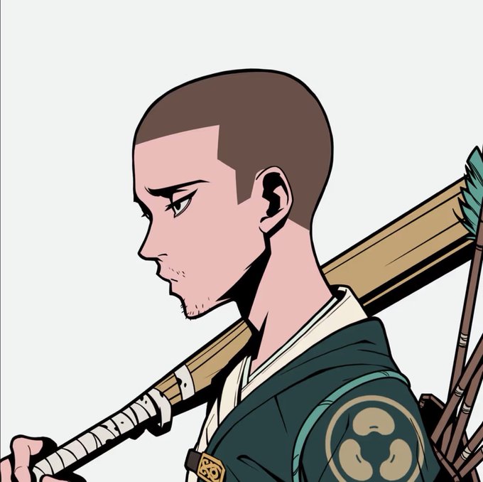 A side-profile anime-style illustration of a man with a buzz cut and slight stubble, carrying a bow and arrows on his back, wearing a dark green kimono adorned with a three-circle crest.