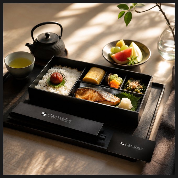 The image features a black tray with various food items, including rice, fish, fruit, and vegetables. The tray also has a business card placed on top of it, suggesting that this meal could be part of an event or gathering where attendees can learn more about the company offering these services.