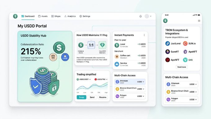 A USDD Portal dashboard and mobile interface displaying a 215% collateralization ratio, a 1:1 peg with Collateral and Tron/tronMarketplace, peer-to-peer and merchant payment options, and multi-chain access across Ethereum, Binance Smart Chain, and Polygon—visually reinforcing the post's claim that USDD delivers a stable, practical tool for Web3 payments and trading.
