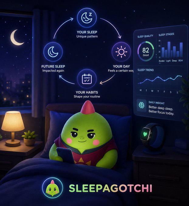 A promotional illustration for 'SLEEPAGOTCHI' shows a green character reading in bed with a smartwatch nearby, alongside a sleep-tracking dashboard displaying a sleep quality score of 82 and a cycle diagram connecting 'YOUR SLEEP,' 'YOUR DAY,' 'YOUR HABITS,' and 'FUTURE SLEEP.'
