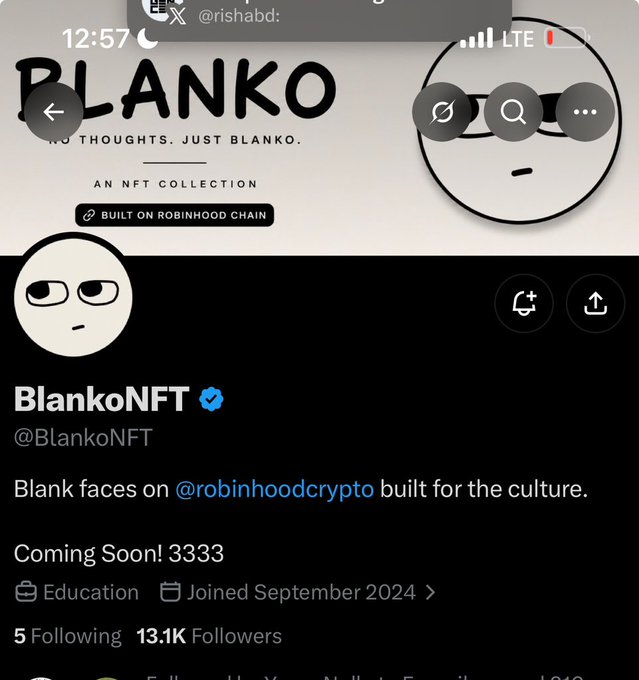 A screenshot of the BlankoNFT Twitter/X profile (@BlankoNFT) showing "BLANKO - NO THOUGHTS. JUST BLANKO." with a verified checkmark, 13.1K followers, and a note that it's "AN NFT COLLECTION BUILT ON ROBINHOOD CHAIN."