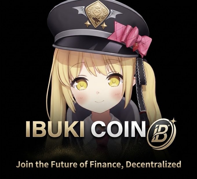 An anime-style blonde girl character wearing a military hat with a pink bow, featuring 'IBUKI COIN' text and the tagline 'Join the Future of Finance, Decentralized'.