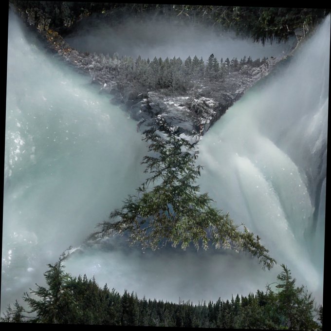 A surreal digital artwork featuring an hourglass-shaped formation of trees and forest with misty waterfalls flowing between the upper and lower chambers.