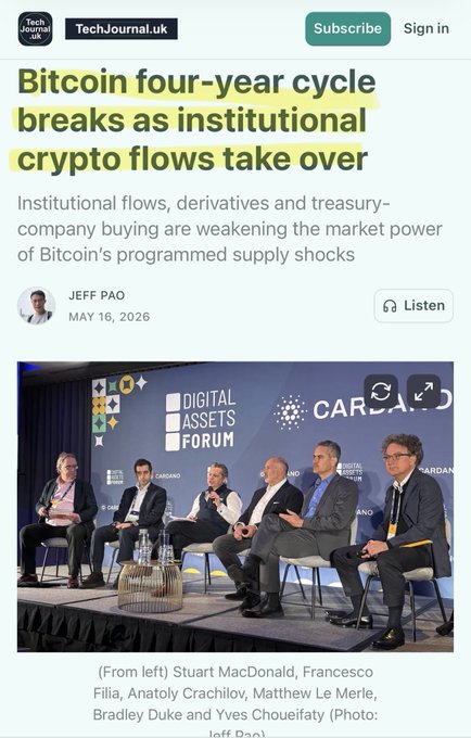 The image shows a group of people sitting around a table, with some of them wearing suits. There are at least six people visible in the scene. The text "BITCOIN FOUR-YEAR CYCLE BREAKS AS INSTITUTIONAL CRYPTO FLOWS TAKE OVER Documented of course." is present on the image, which suggests that they might be discussing or analyzing the four-year cycle of Bitcoin breaks and its impact on institutional crypto flows. The image does not provide any specific information about the content of the post or the context in which it was shared.
