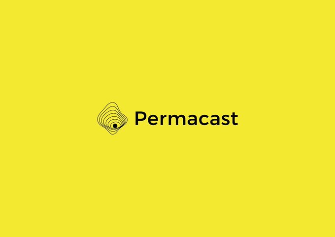 A simple logo on a bright yellow background featuring a black spiral icon alongside the text 'Permacast'.