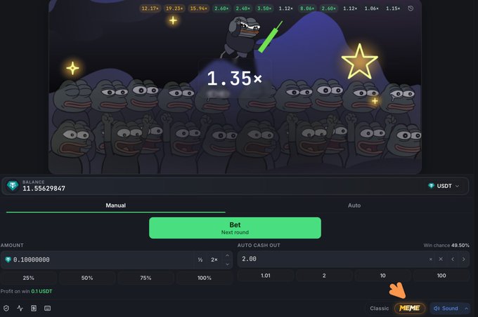 The image shows the new "Meme Version" of a Crash gambling game with Pepe the Frog characters, displaying a current multiplier of 1.35x, a balance of 11.55629847 USDT, a bet amount of 0.10000000 USDT, and a win chance of 49.50%, promoting the faucetpay.io/play/crash game.