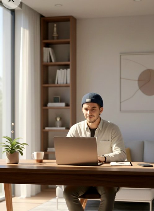 A man wearing a blue beanie and beige shirt sitting at a wooden desk working on a laptop in a well-lit room with a bookshelf.
