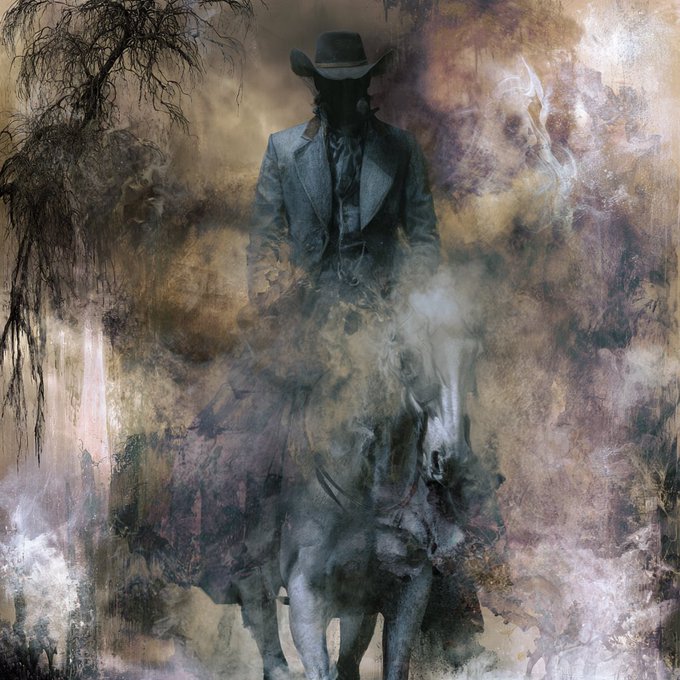 A dark, atmospheric digital artwork showing a shadowy cowboy in a hat riding a horse, rendered in muted browns and grays with painterly, smoky textures.