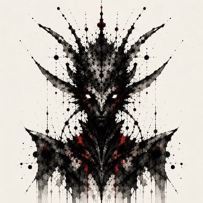 The image features a black and white illustration of a skull with red spots, giving it an eerie appearance. The skull has a large head adorned with horns and spikes, adding to its intimidating look. The background of the image is white, which contrasts with the dark elements in the foreground. The image also includes text that reads "focus on what is in the image and how it relates to #8 The Antlered Wrath @InkgeneticsNFT".
