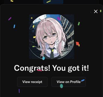 App notification screen featuring an anime-style character portrait with the message 'Congrats! You got it!' and buttons to view receipt or profile.