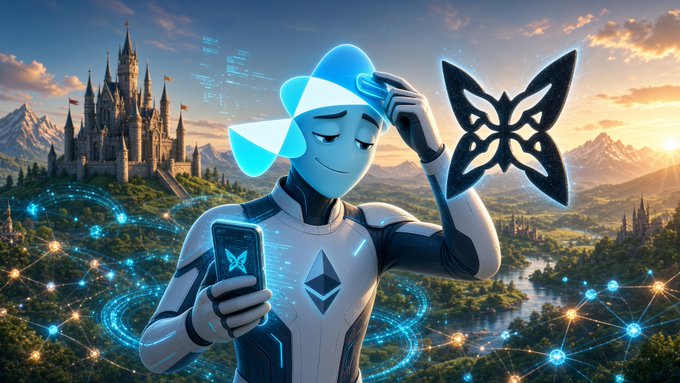 A digital artwork featuring a humanoid robot with a propeller hat holding an Ethereum phone, set against a fantasy landscape with a castle and mountains. The Mandala exchange logo is prominently displayed.