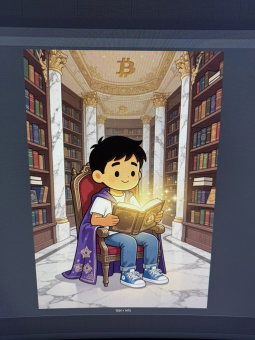 The image features a cartoon boy sitting in a chair while reading a book titled "Venti This adorable little guy is one of the only wizards within the bitcoin realm along with Michael Saylor, Max, Kaiser, and many other wonderful characters". The boy appears to be wearing a cape or a robe. The background shows an indoor setting with numerous bookshelves filled with various books.