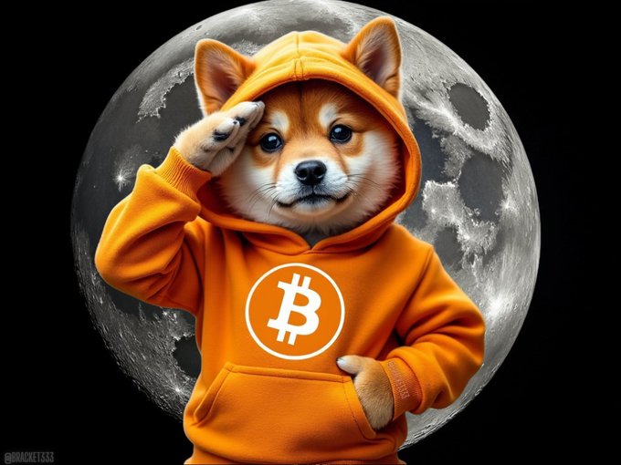 A Shiba Inu dog wearing an orange Bitcoin logo hoodie saluting, set against a backdrop of a large detailed moon on a black background.