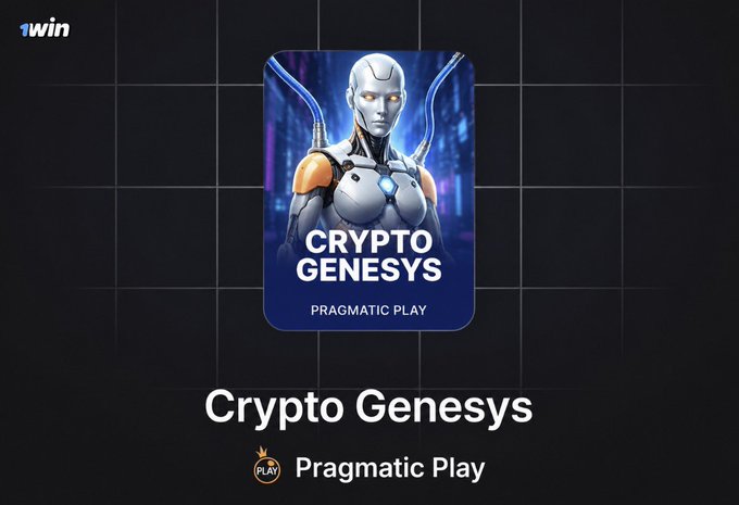 Promotional image for the "Crypto Genesys" slot game by Pragmatic Play, featuring a futuristic android character with glowing eyes and cables, displayed alongside the 1win logo. The graphic aligns with the post's call-to-action promoting the game's availability on the 1win casino platform.