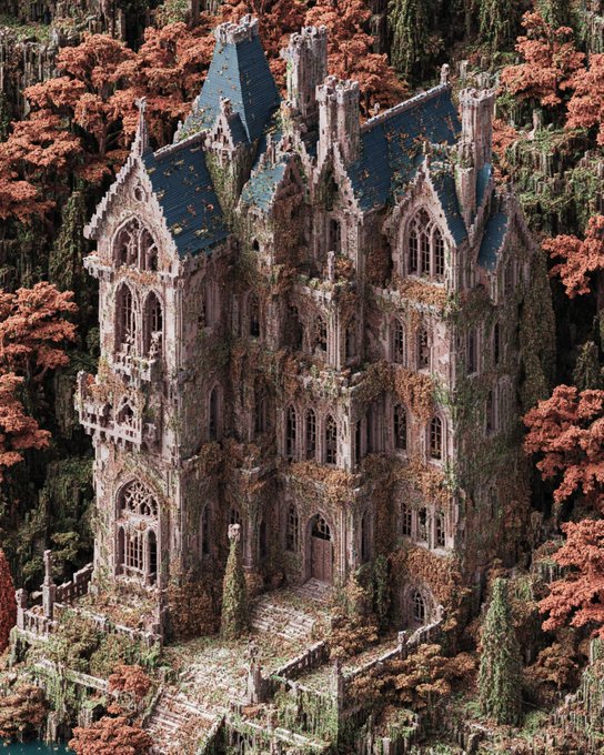 An elaborate Gothic-style castle or cathedral covered in ivy and surrounded by autumn-colored red foliage.