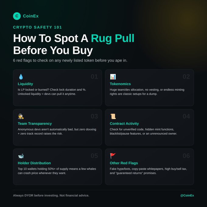A CoinEx infographic titled 'CRYPTO SAFETY 101: How To Spot A Rug Pull Before You Buy' lists six red flags including Liquidity, Tokenomics, Team Transparency, Contract Activity, Holder Distribution, and Other Red Flags.
