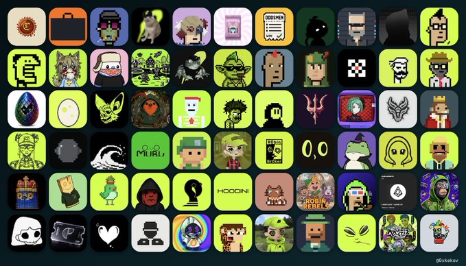 A collage of Robinhood Chain NFT collection icons and pixel-art avatars, including "ROBIN REBEL" and "STONKBROKERS," displayed alongside a post celebrating Robinhood Chain's rapid growth past $50M in market cap and its top-performing collections on OpenSea within six weeks of launch.