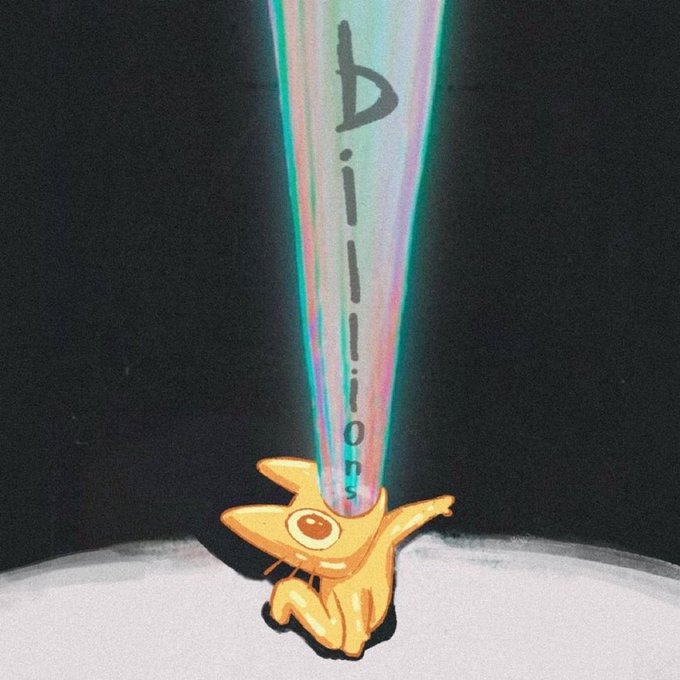 An illustration of an orange cat-like creature being struck down by a colorful laser beam from above displaying the word 'Billions' in a stylized font.