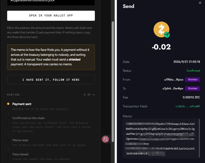 Cryptocurrency wallet interface showing a confirmed shielded Zcash transaction of -0.02 ZEC with transaction hash, encrypted memo, and payment status timeline.