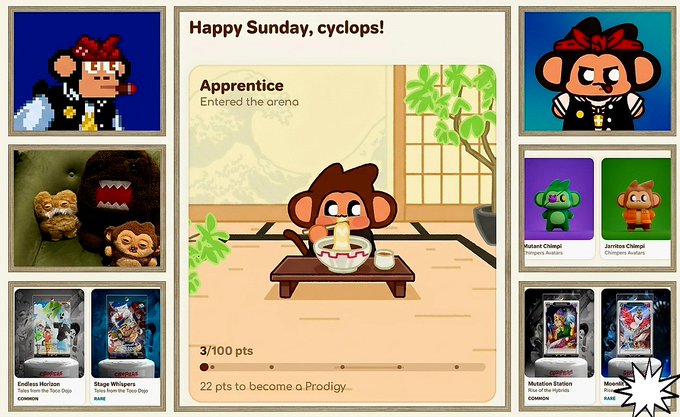 A dashboard interface with 'Happy Sunday, cyclops!' header, featuring an 'Apprentice' character eating at a table, with NFT thumbnails including 'Mutation Exelon' and 'Mutation Eternatus' on the sides.