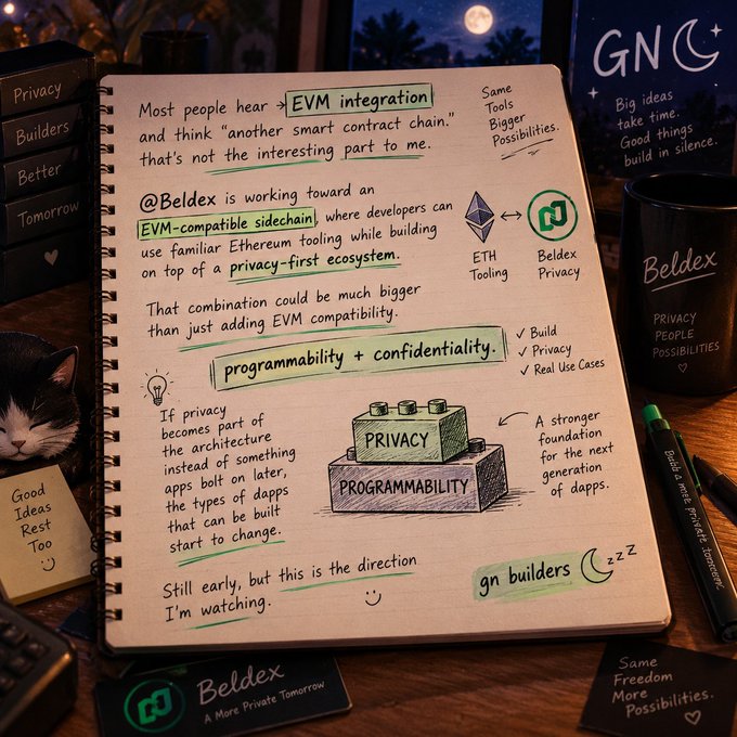 A photo of a handwritten notebook page about @Beldex's EVM-compatible sidechain, discussing EVM integration, Ethereum tooling, Beldex Privacy, and the combination of programmability and confidentiality.