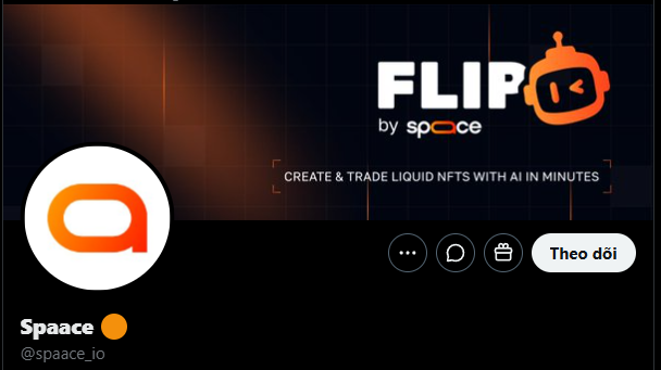 A social media profile for "Spaace" (@spaace_io) featuring a banner that reads "FLIP by spaace - CREATE & TRADE LIQUID NFTS WITH AI IN MINUTES".
