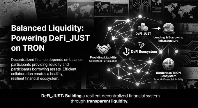 An infographic titled "Balanced Liquidity: Powering DeFi_JUST on TRON," illustrating a decentralized finance ecosystem with nodes connected for "Providing Liquidity," "DeFi_JUST Lending & Borrowing Infrastructure," and "Borderless TRON Ecosystem."
