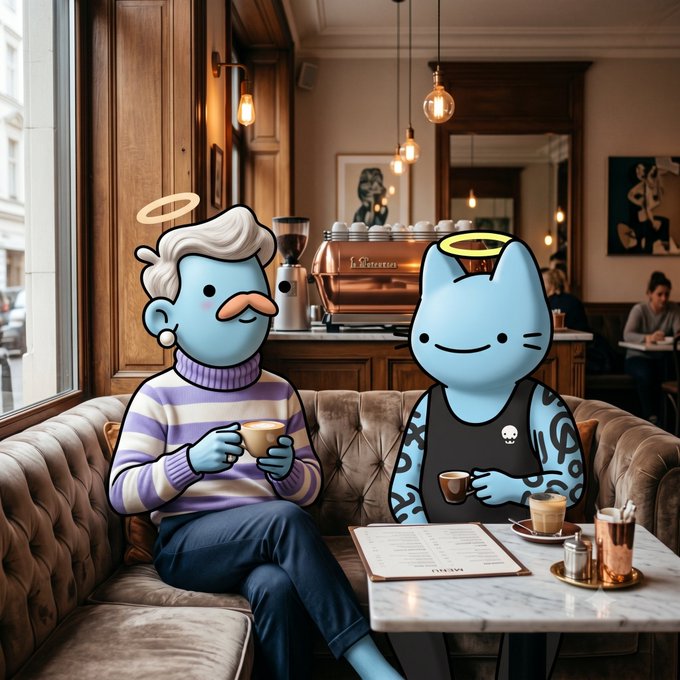 The image features two cartoon characters sitting at a table with coffee cups in front of them. The character on the left has a mustache and is wearing a purple sweater, while the other character on the right has a tattoo and is wearing a black shirt. They are both holding coffee cups, suggesting they might be enjoying their beverages together. The post includes text that reads "It'S A GOOD DAY TO BE A Doodle; IT'S A GOOD DAY TO BE A COFFEE CUP; IT'S A GOOD DAY TO BE A Cool Cat." This implies a positive and lighthearted atmosphere related to the cartoon characters in the image, which is consistent with the post's theme.