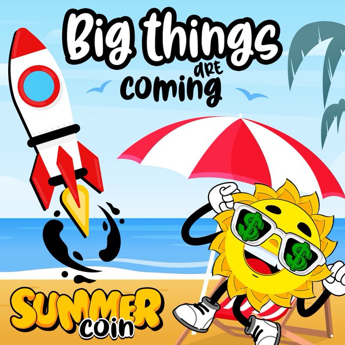 A cartoon sun character wearing dollar-sign sunglasses lounges on a beach under a red-and-white umbrella next to a launching rocket, with bold text reading "Big things are coming" and "Summer coin" — promoting the $SUMMER token with its 300k total supply and contract address Cqh2KLM8n3odYFJN5jkb7noD7BHj4GwHCCU3Q8Gas6Hy as a bullish summer-themed crypto launch.