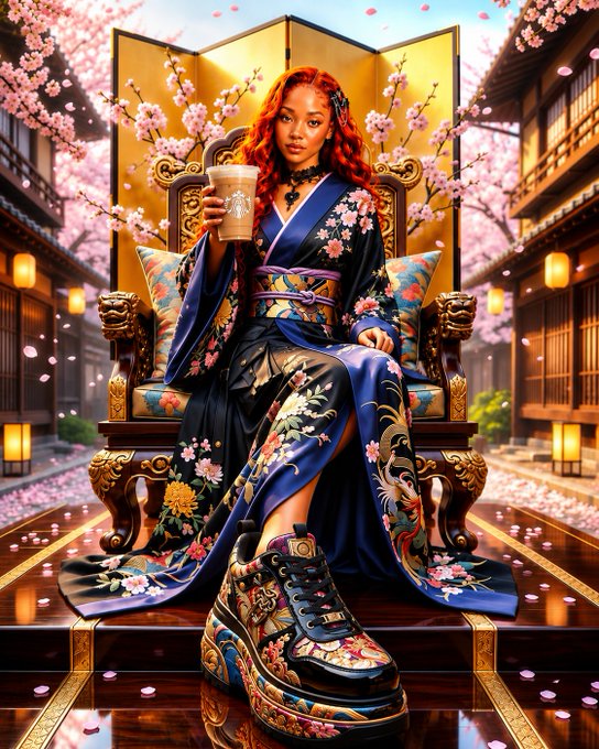 Digital artwork of a woman with red hair wearing a floral kimono, sitting on an ornate golden throne, holding a drink, with exceptionally large, detailed platform sneakers on her feet.