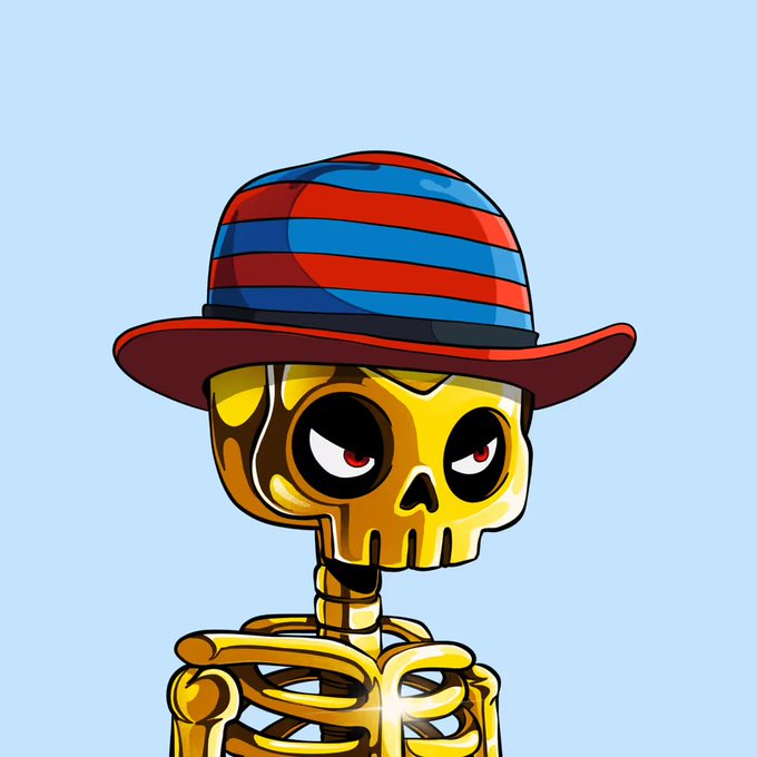 A digital illustration of a yellow cartoon skeleton wearing a red and blue striped hat, set against a light blue background.
