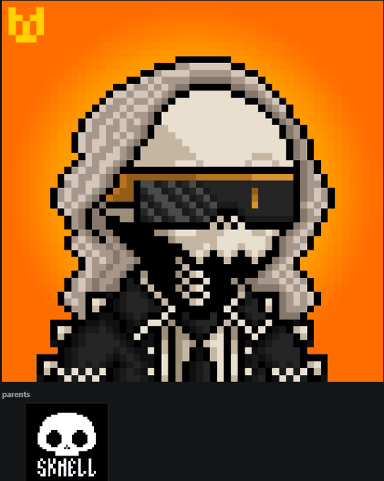 A pixel-art style illustration depicts a hooded, skull-faced figure with glowing red visor and black beard against an orange background, labeled "parents" with a skull icon and "SKHELL" text at the bottom.