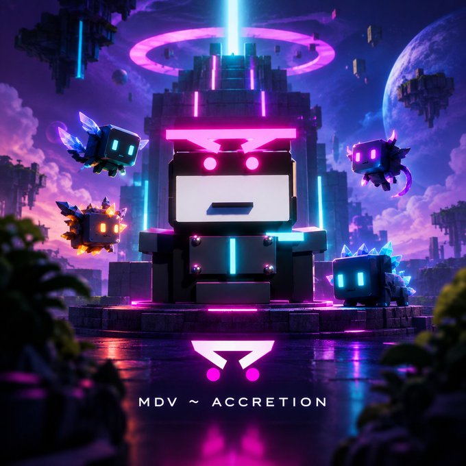 A vibrant digital artwork titled "MDV ~ ACCRETION" depicts a stylized robot character with glowing pink accents in a neon-lit, futuristic cyberpunk landscape surrounded by small floating companion creatures.