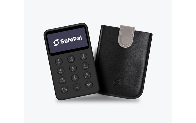 A SafePal hardware cryptocurrency wallet device sits next to its black leather carrying case.